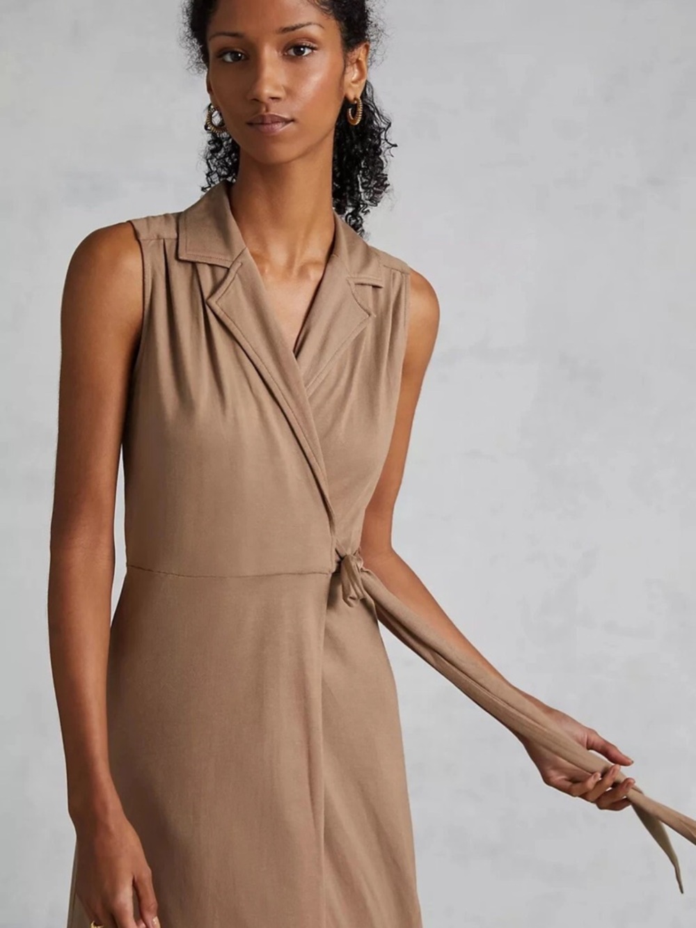 Sleeveless Taupe Wrap Dress with Notch Lapel